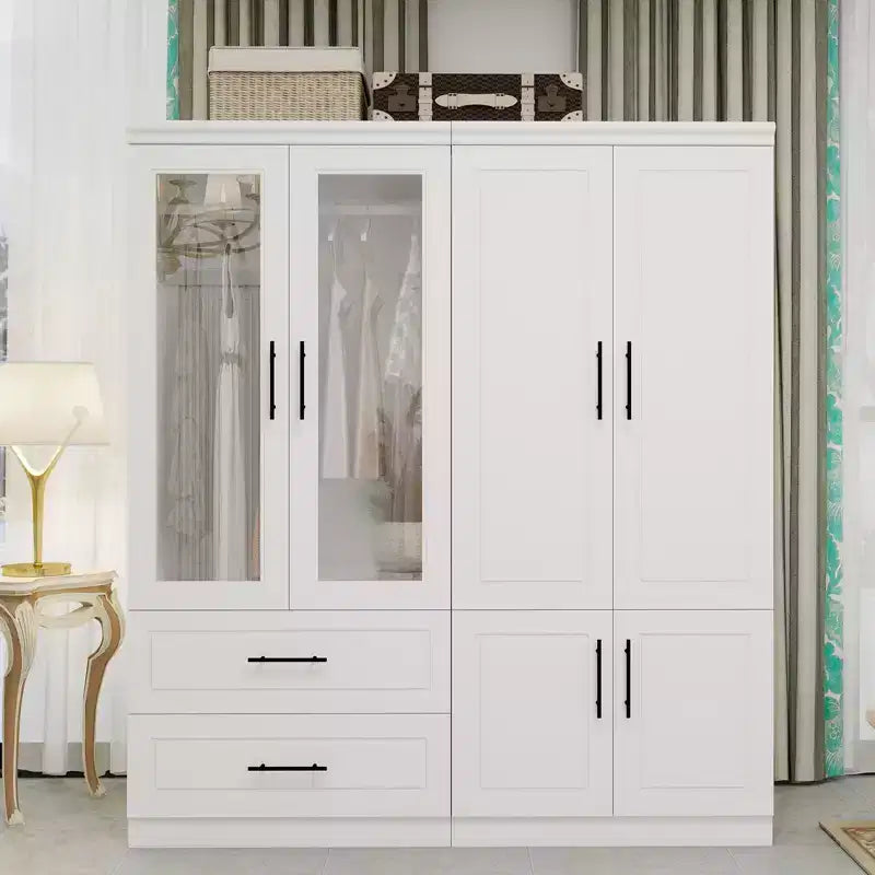 White Wood 63 in. Armoire with 2 Drawers and 6 Doors