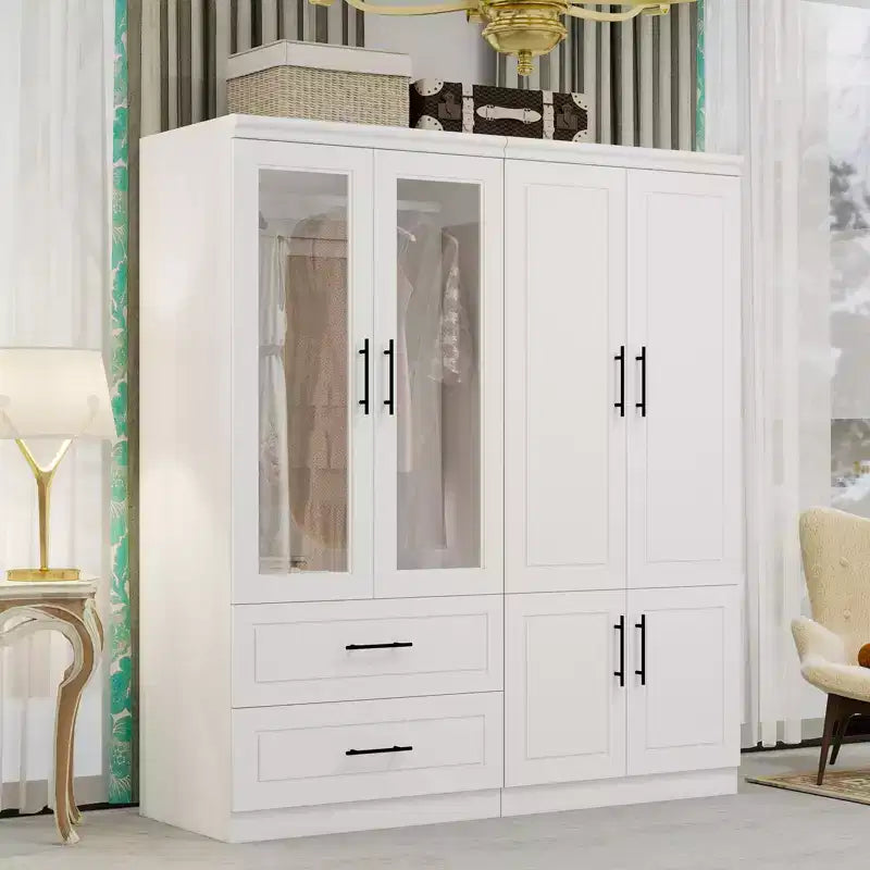 White Wood 63 in. Armoire with 2 Drawers and 6 Doors