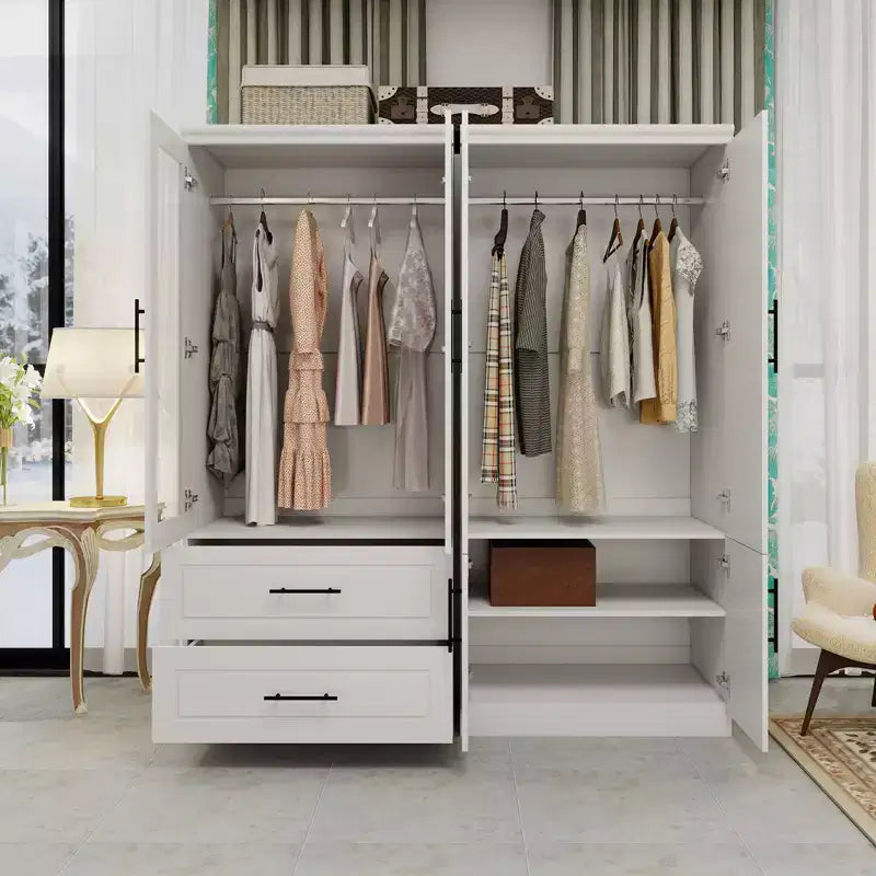 White Wood 63 in. Armoire with 2 Drawers and 6 Doors