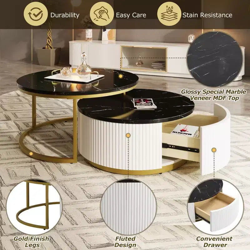 Modern Round Nesting Coffee Table Fluted with Drawer in 31.5''