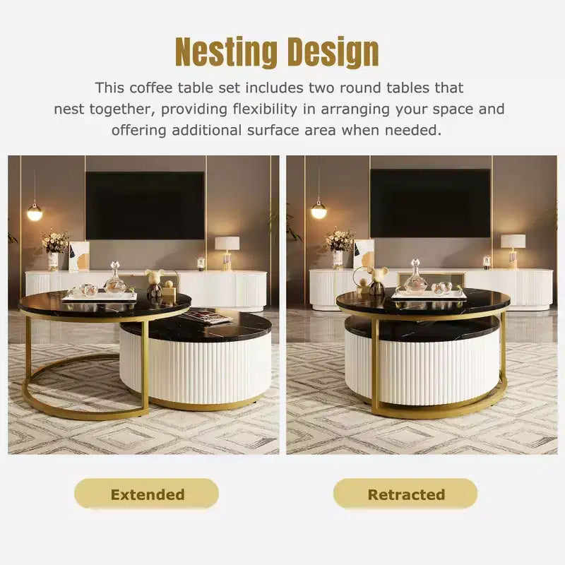 Modern Round Nesting Coffee Table Fluted with Drawer in 31.5''
