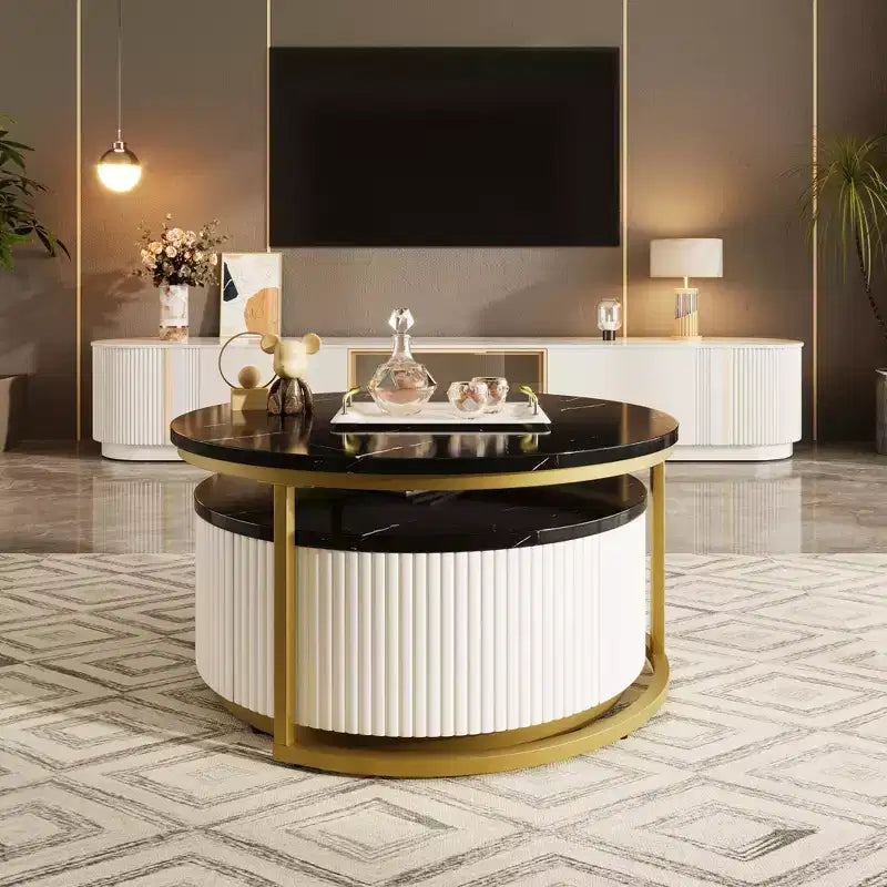 Modern Round Nesting Coffee Table Fluted with Drawer in 31.5''