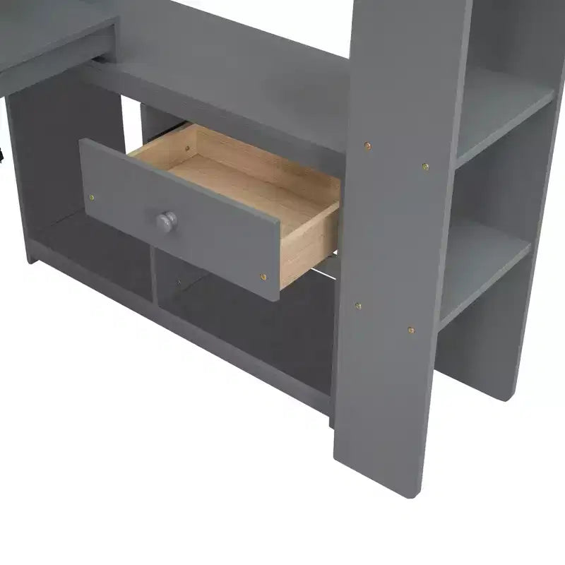 87.1''L x 49.4''W Wood Gaming Loft Bed with Desk, Multi-storage Shelves, LED and Charging Station