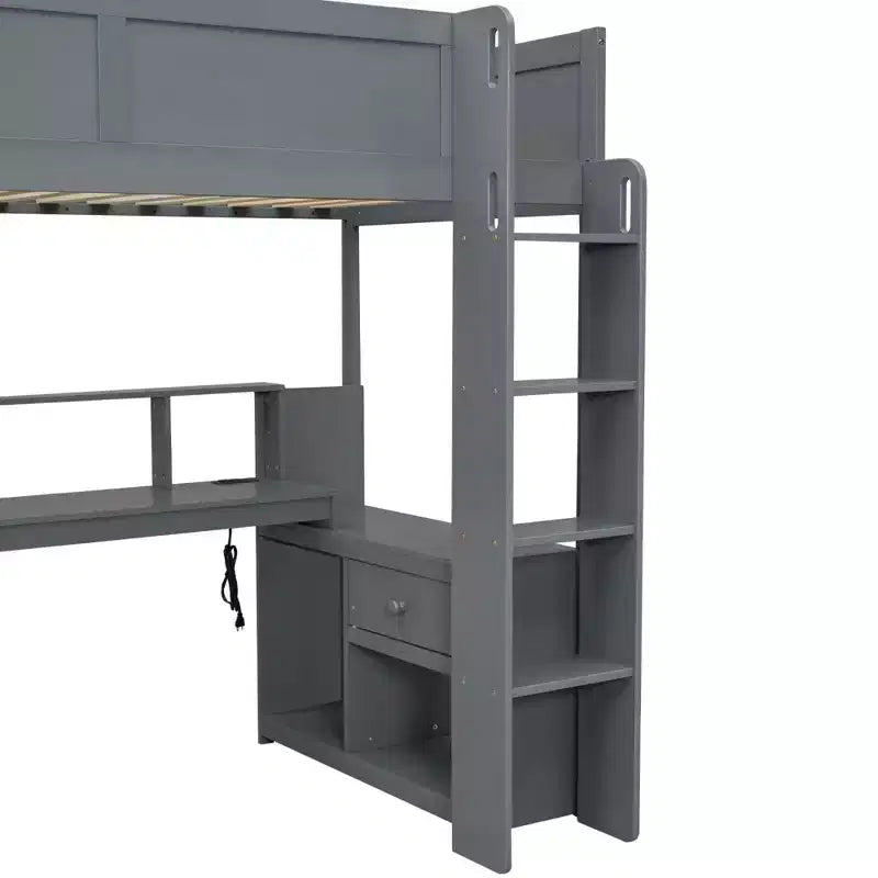 87.1''L x 49.4''W Wood Gaming Loft Bed with Desk, Multi-storage Shelves, LED and Charging Station