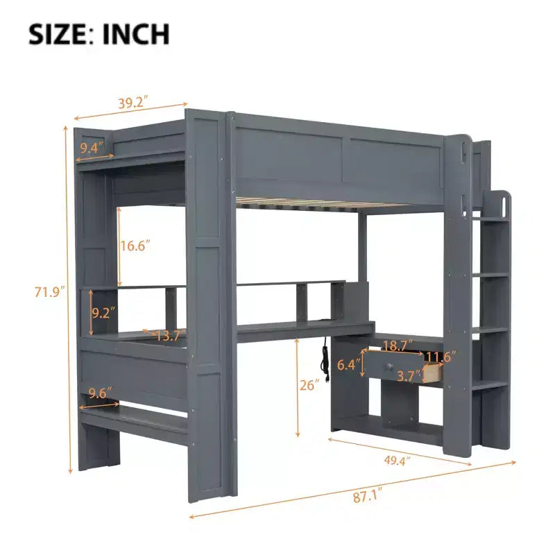 87.1''L x 49.4''W Wood Gaming Loft Bed with Desk, Multi-storage Shelves, LED and Charging Station