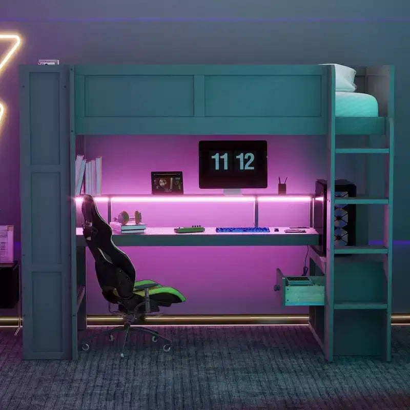 87.1''L x 49.4''W Wood Gaming Loft Bed with Desk, Multi-storage Shelves, LED and Charging Station