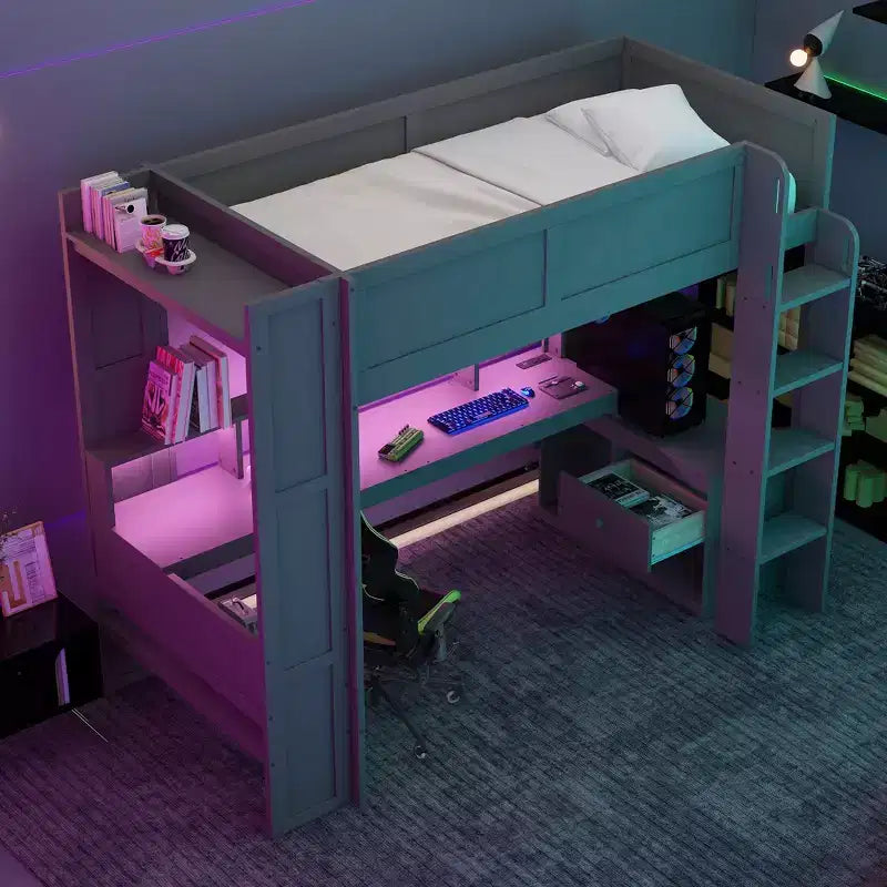 87.1''L x 49.4''W Wood Gaming Loft Bed with Desk, Multi-storage Shelves, LED and Charging Station
