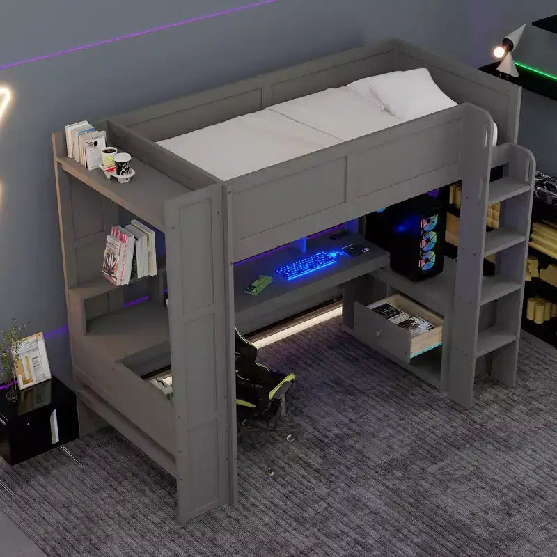 87.1''L x 49.4''W Wood Gaming Loft Bed with Desk, Multi-storage Shelves, LED and Charging Station
