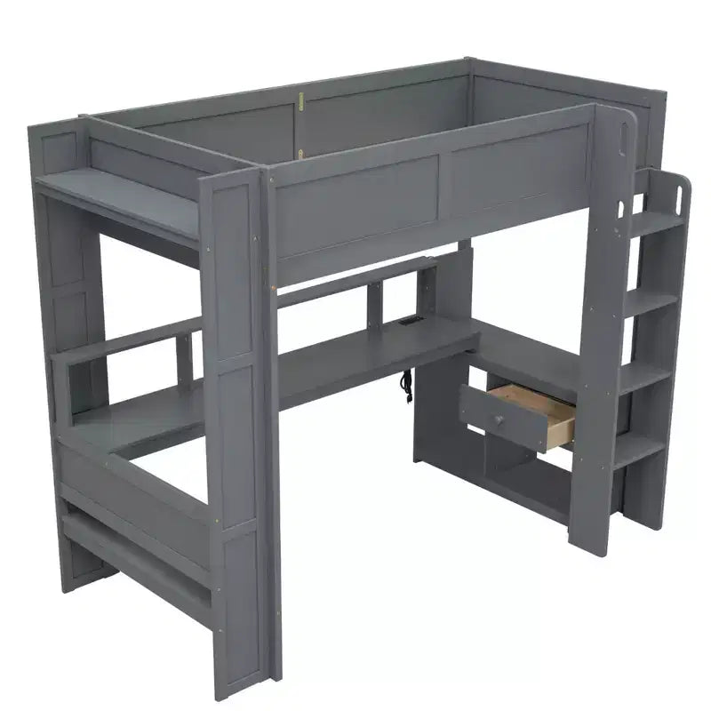 87.1''L x 49.4''W Wood Gaming Loft Bed with Desk, Multi-storage Shelves, LED and Charging Station
