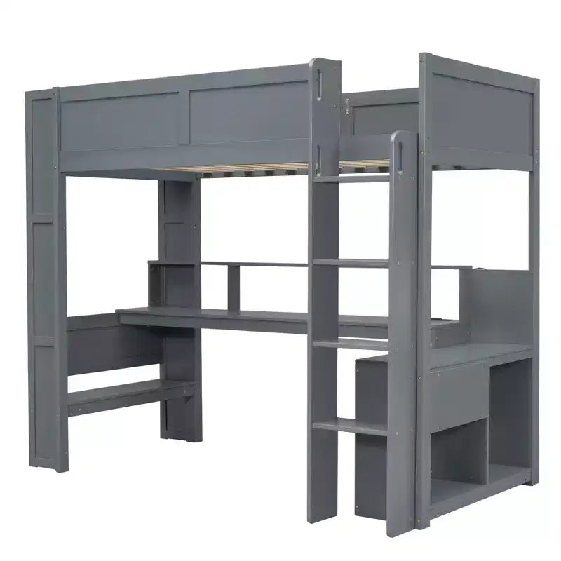87.1''L x 49.4''W Wood Gaming Loft Bed with Desk, Multi-storage Shelves, LED and Charging Station