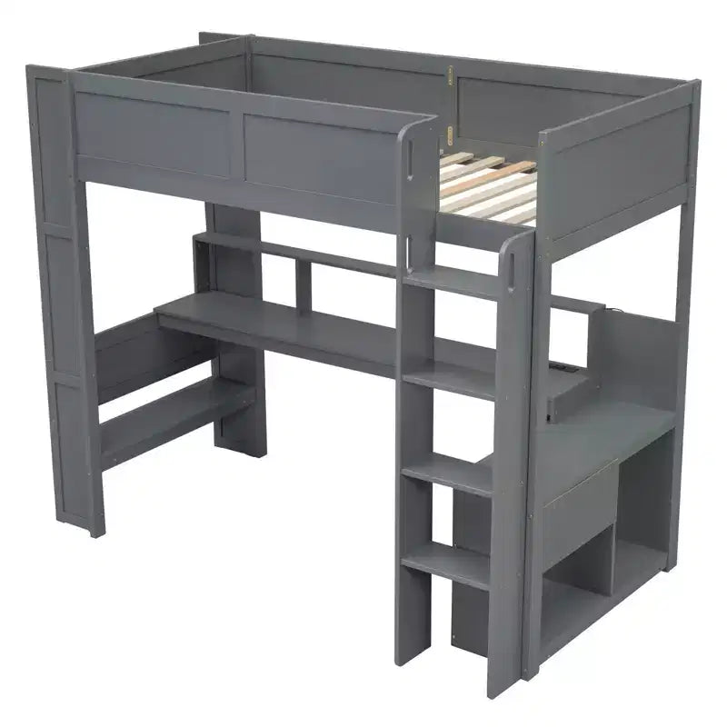 87.1''L x 49.4''W Wood Gaming Loft Bed with Desk, Multi-storage Shelves, LED and Charging Station