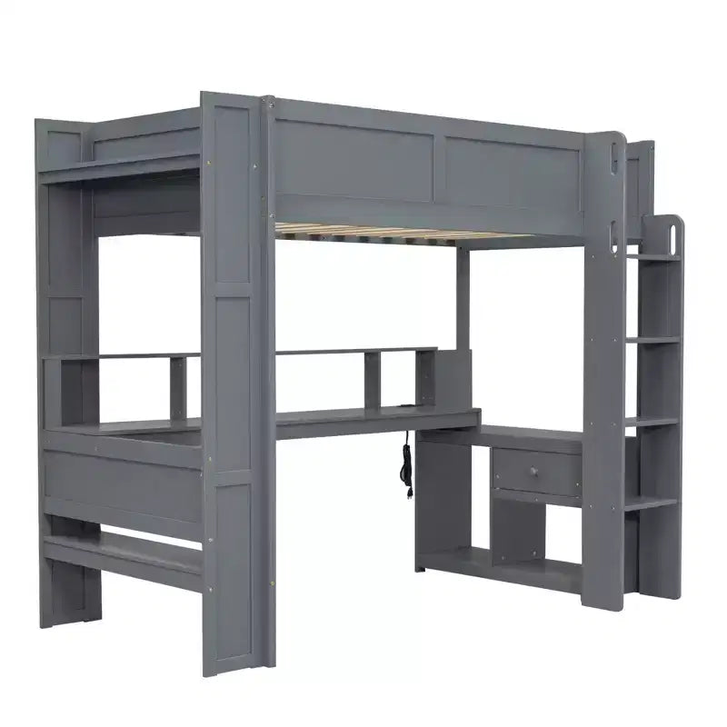 87.1''L x 49.4''W Wood Gaming Loft Bed with Desk, Multi-storage Shelves, LED and Charging Station