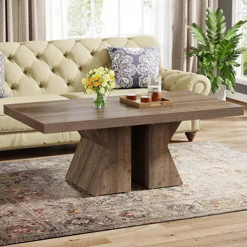 Wood Coffee Table, 47.24-Inch Rectangular Center Table with Thick Wooden Base, Farmhouse Wood-Look Cocktail Table for Living Room