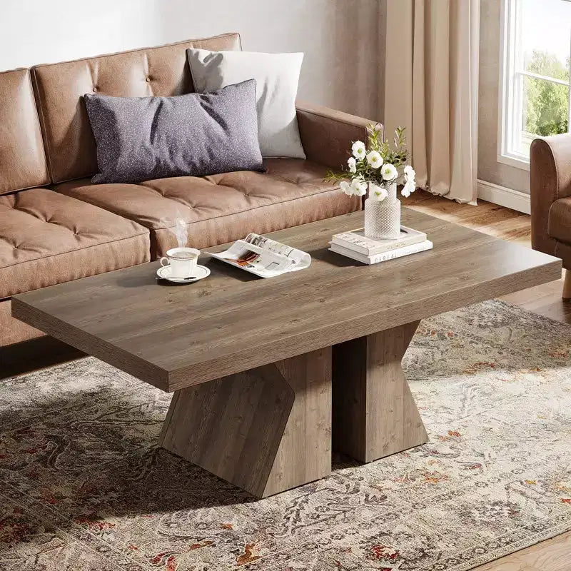 Wood Coffee Table, 47.24-Inch Rectangular Center Table with Thick Wooden Base, Farmhouse Wood-Look Cocktail Table for Living Room