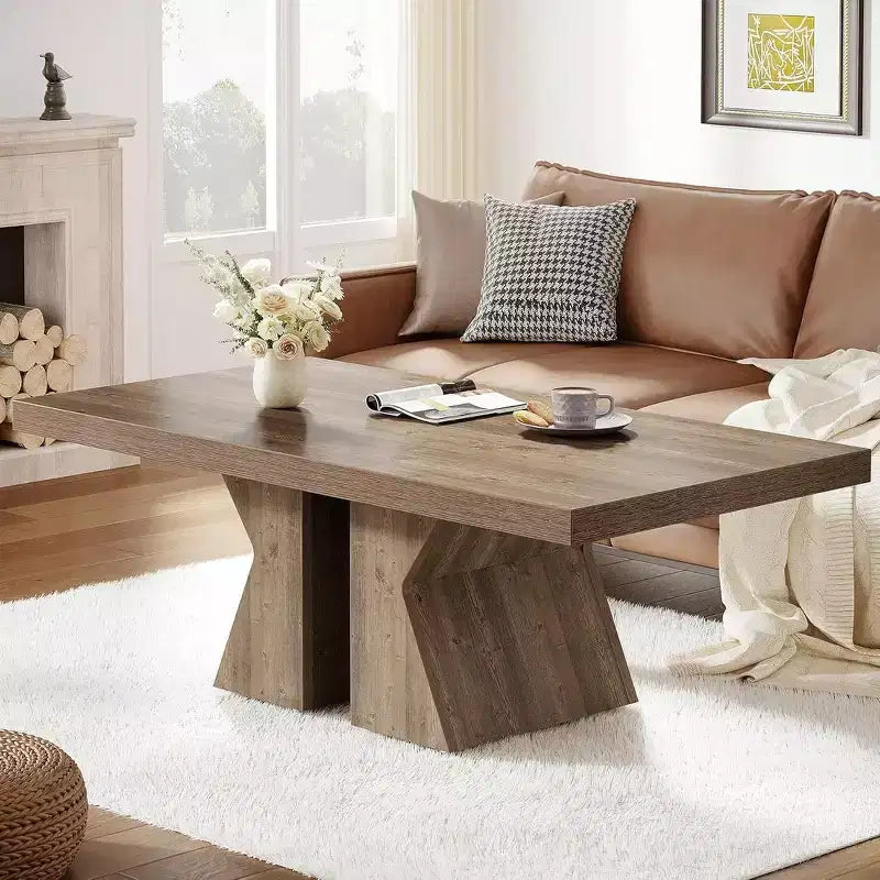 Wood Coffee Table, 47.24-Inch Rectangular Center Table with Thick Wooden Base, Farmhouse Wood-Look Cocktail Table for Living Room