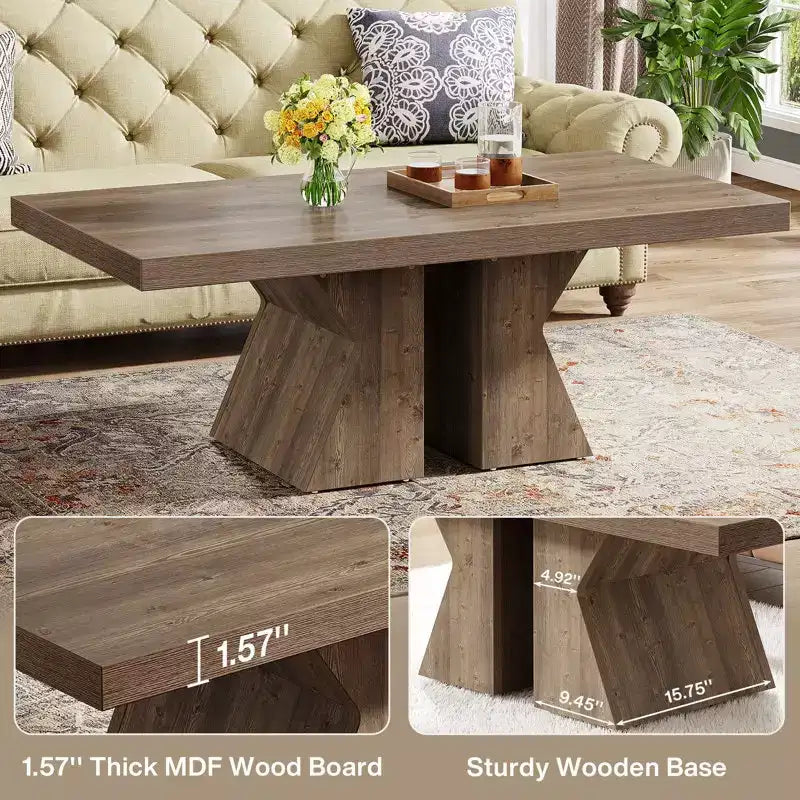 Wood Coffee Table, 47.24-Inch Rectangular Center Table with Thick Wooden Base, Farmhouse Wood-Look Cocktail Table for Living Room