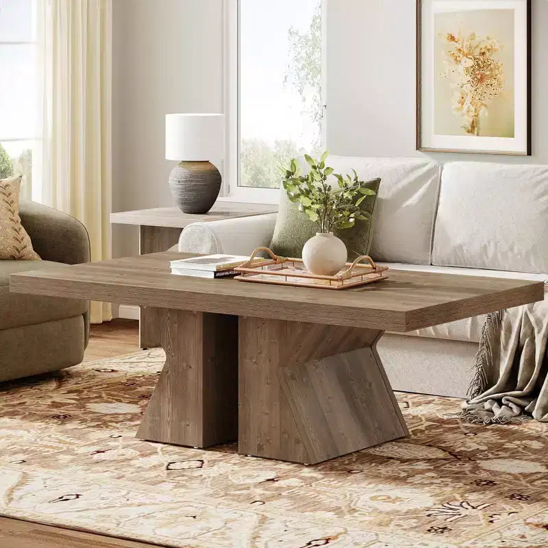 Wood Coffee Table, 47.24-Inch Rectangular Center Table with Thick Wooden Base, Farmhouse Wood-Look Cocktail Table for Living Room
