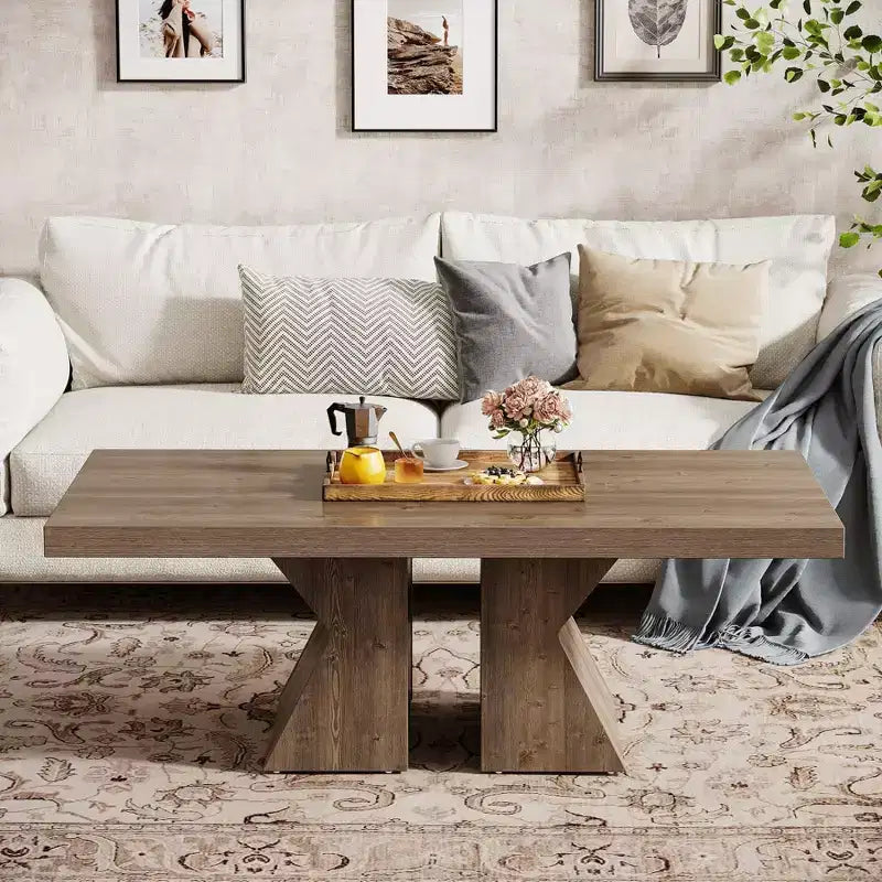 Wood Coffee Table, 47.24-Inch Rectangular Center Table with Thick Wooden Base, Farmhouse Wood-Look Cocktail Table for Living Room