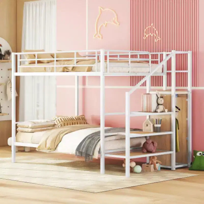 Full Over Full Metal Bunk Bed with Lateral Storage Ladder and Wardrobe, Black