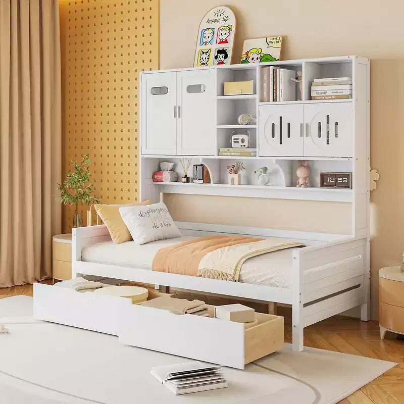 Twin/Full Size Wooden Daybed with 2 Drawers, All-in-One Cabinet and Shelves