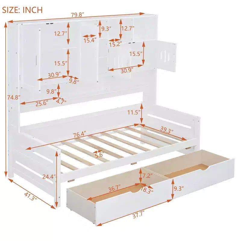 Twin/Full Size Wooden Daybed with 2 Drawers, All-in-One Cabinet and Shelves