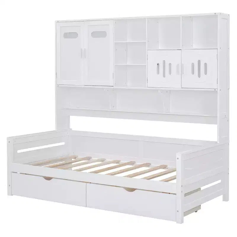 Twin/Full Size Wooden Daybed with 2 Drawers, All-in-One Cabinet and Shelves
