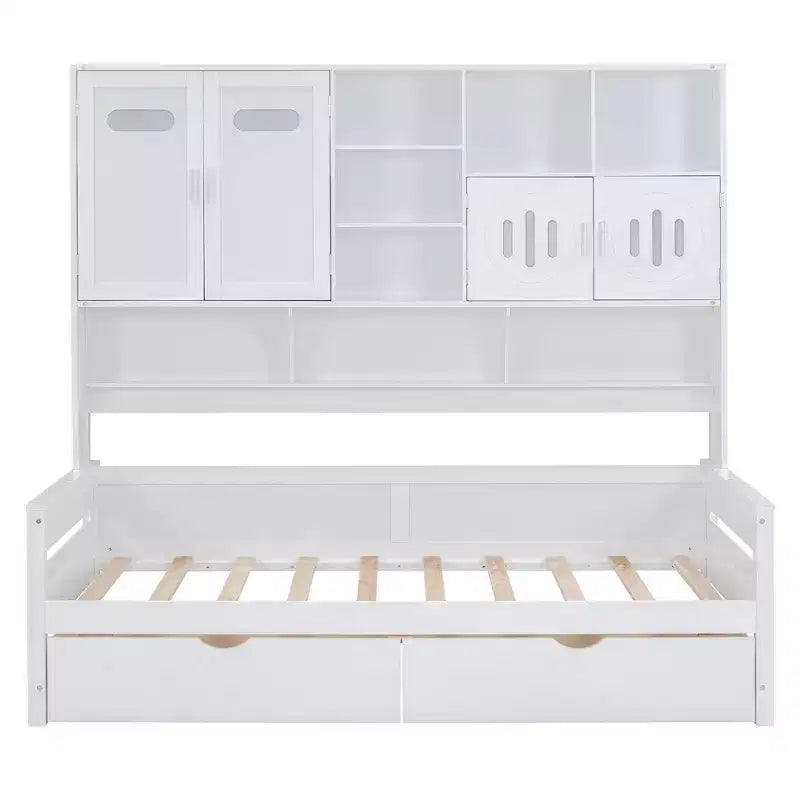 Twin/Full Size Wooden Daybed with 2 Drawers, All-in-One Cabinet and Shelves