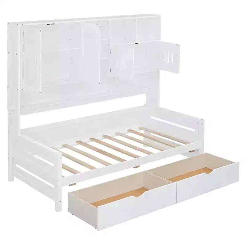 Twin/Full Size Wooden Daybed with 2 Drawers, All-in-One Cabinet and Shelves
