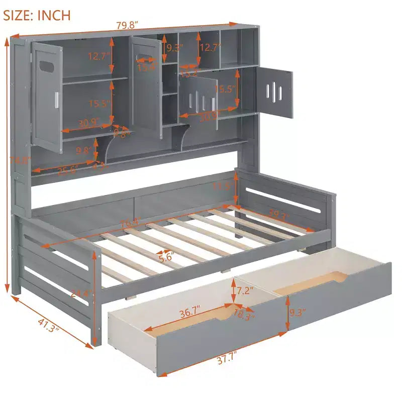 Twin/Full Size Wooden Daybed with 2 Drawers, All-in-One Cabinet and Shelves