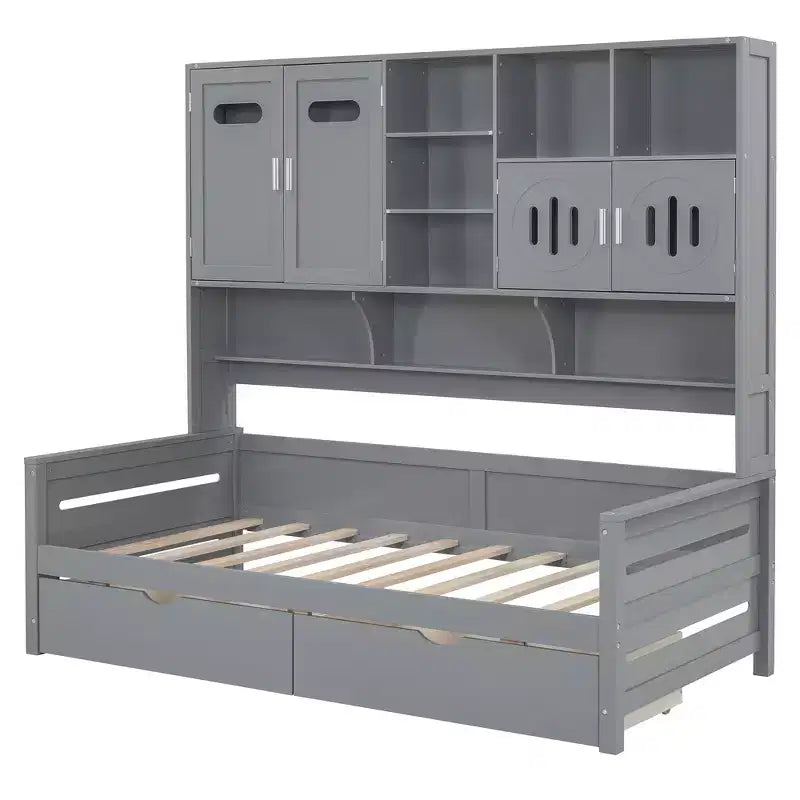 Twin/Full Size Wooden Daybed with 2 Drawers, All-in-One Cabinet and Shelves