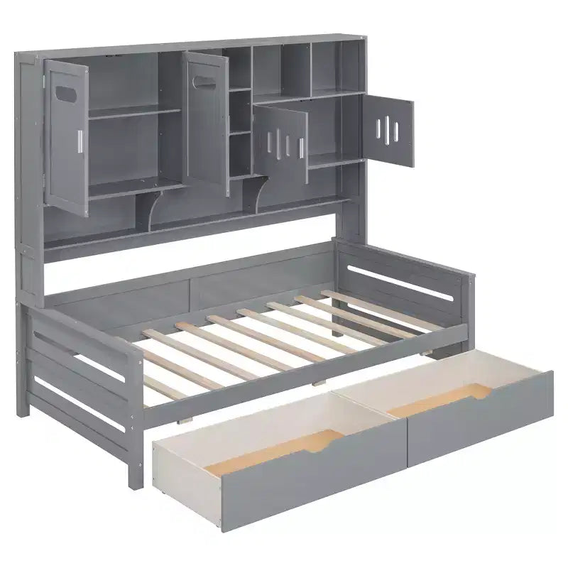 Twin/Full Size Wooden Daybed with 2 Drawers, All-in-One Cabinet and Shelves