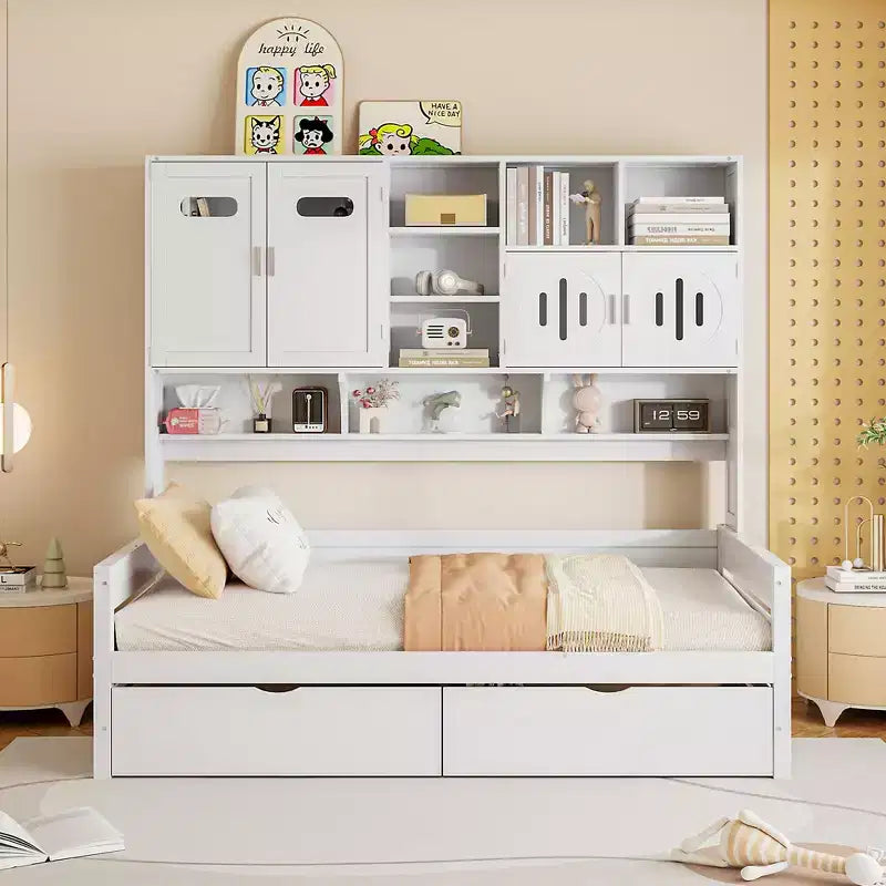 Twin/Full Size Wooden Daybed with 2 Drawers, All-in-One Cabinet and Shelves