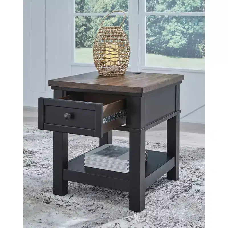 Rectangular One Drawer End Table with USB Charging, Black