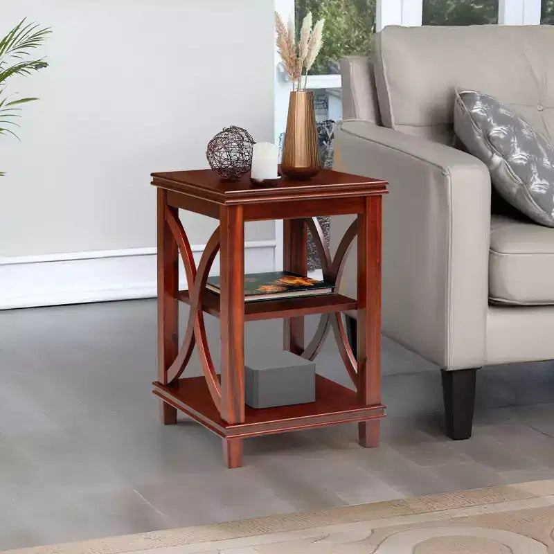Solid Wood Square Sofa, End Table with X-Design, Side Table with Storage Shelves, Cherry