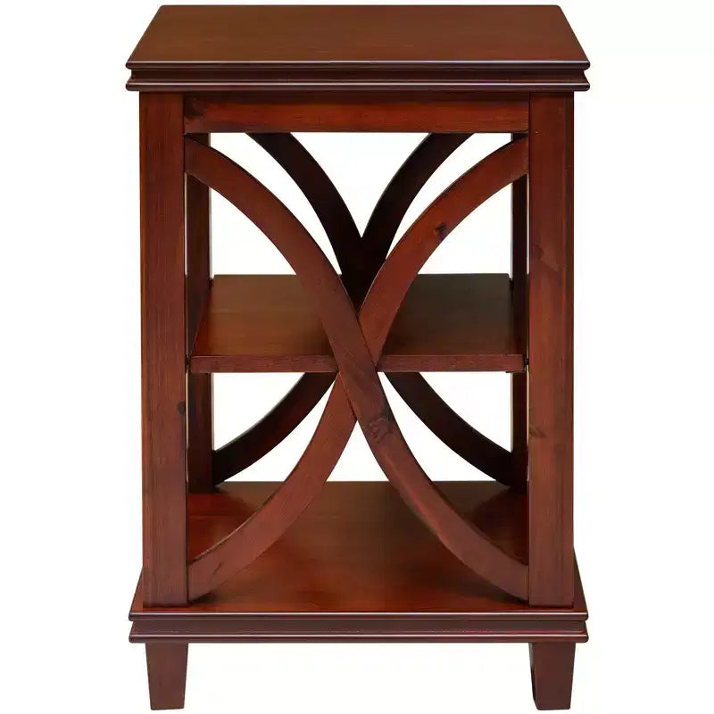 Solid Wood Square Sofa, End Table with X-Design, Side Table with Storage Shelves, Cherry