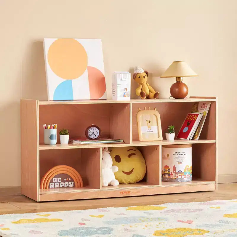 Cubby Mobile Tray Storage Cabinet, 5-Compartment Cubby Storage Shelf, Cubby Storage Cabinet 2-shelf, Classroom Cubbies, Natural