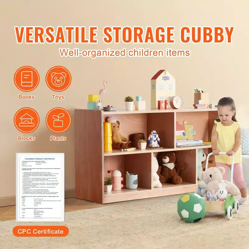 Cubby Mobile Tray Storage Cabinet, 5-Compartment Cubby Storage Shelf, Cubby Storage Cabinet 2-shelf, Classroom Cubbies, Natural