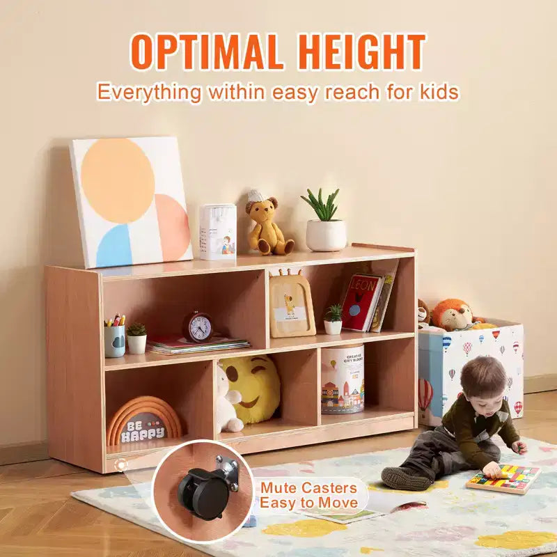 Cubby Mobile Tray Storage Cabinet, 5-Compartment Cubby Storage Shelf, Cubby Storage Cabinet 2-shelf, Classroom Cubbies, Natural
