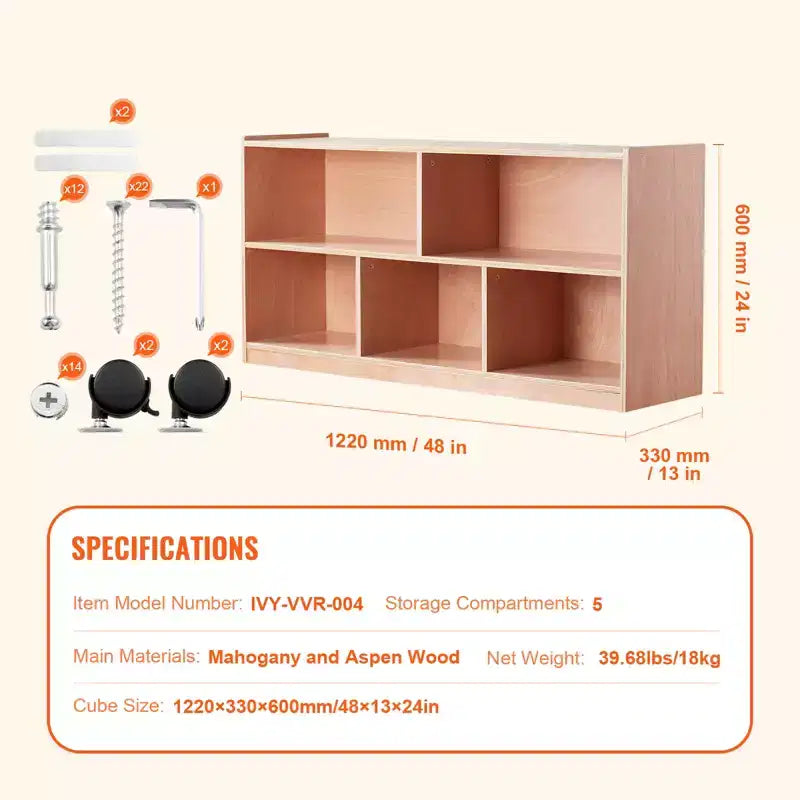 Cubby Mobile Tray Storage Cabinet, 5-Compartment Cubby Storage Shelf, Cubby Storage Cabinet 2-shelf, Classroom Cubbies, Natural