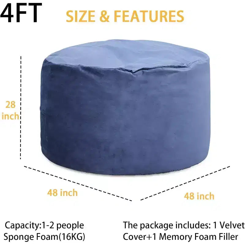 4FT Velvet Bean Bag Chair  Foam-Filled Round Lounger for Adults & Teens, Plush Soft Seating for Living Room, Dorm, or Lounge Areas