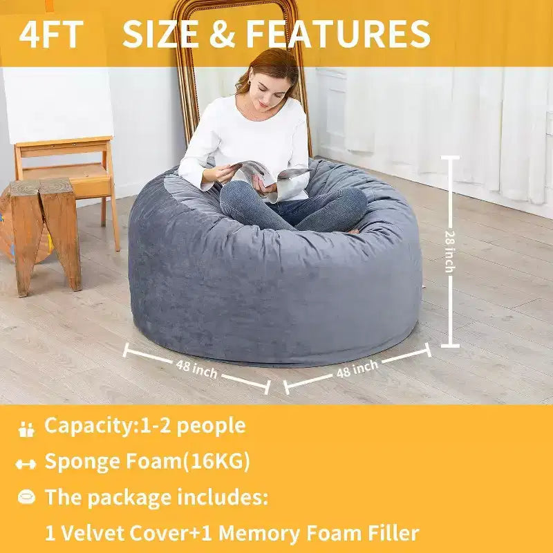 4FT Velvet Bean Bag Chair  Foam-Filled Round Lounger for Adults & Teens, Plush Soft Seating for Living Room, Dorm, or Lounge Areas