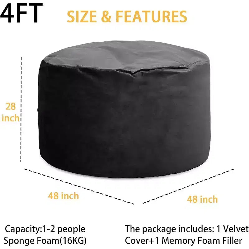 4FT Velvet Bean Bag Chair  Foam-Filled Round Lounger for Adults & Teens, Plush Soft Seating for Living Room, Dorm, or Lounge Areas