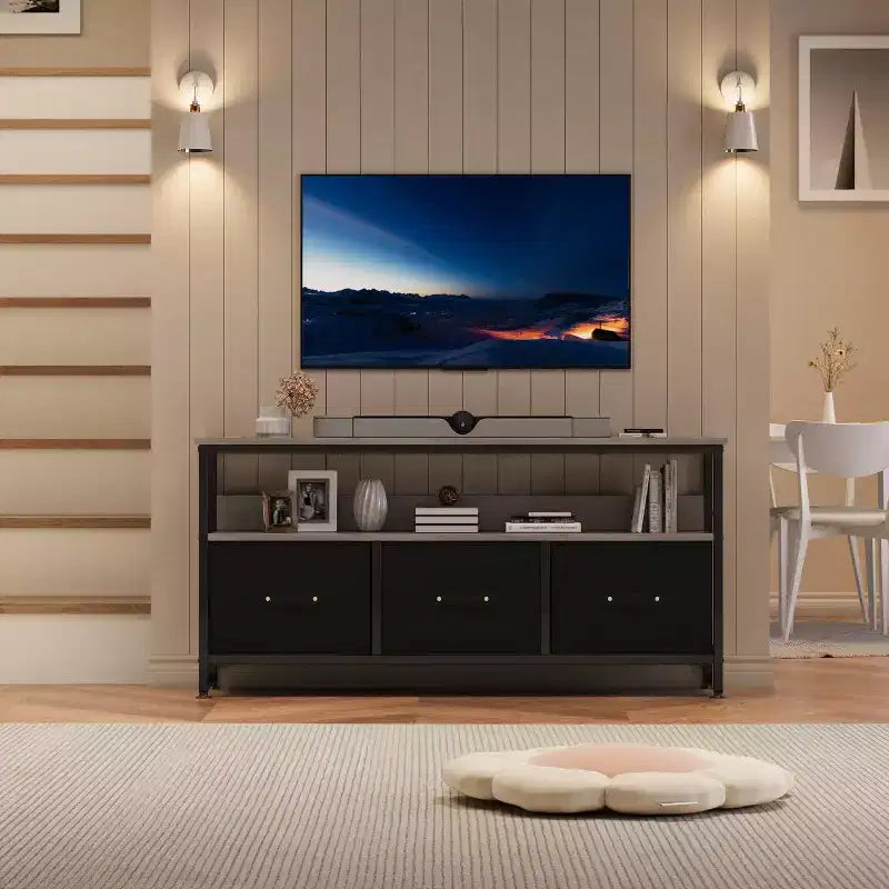 55 Black TV Stand with Grey Drawers, Dresser-Style Entertainment Center for Living Room & Bedroom Storage