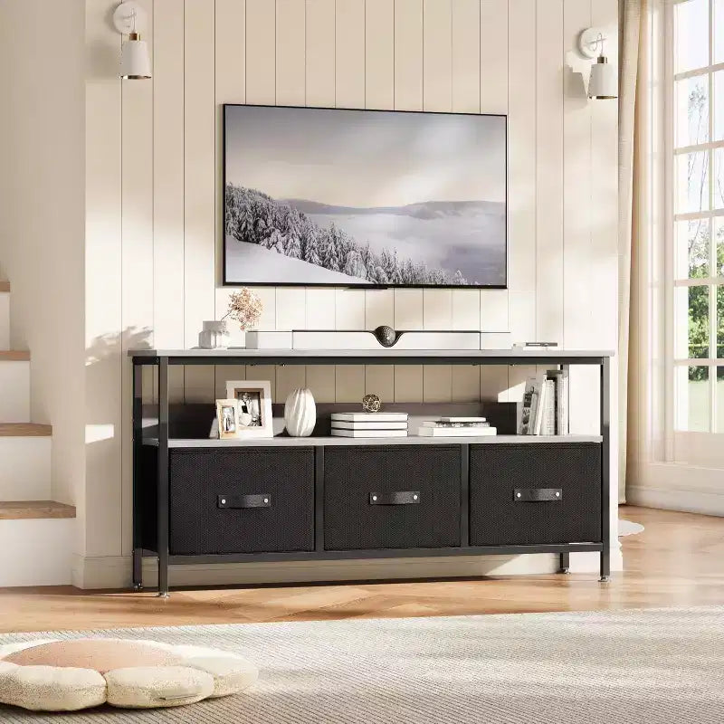55 Black TV Stand with Grey Drawers, Dresser-Style Entertainment Center for Living Room & Bedroom Storage