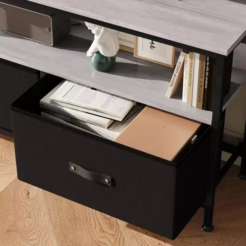 55 Black TV Stand with Grey Drawers, Dresser-Style Entertainment Center for Living Room & Bedroom Storage
