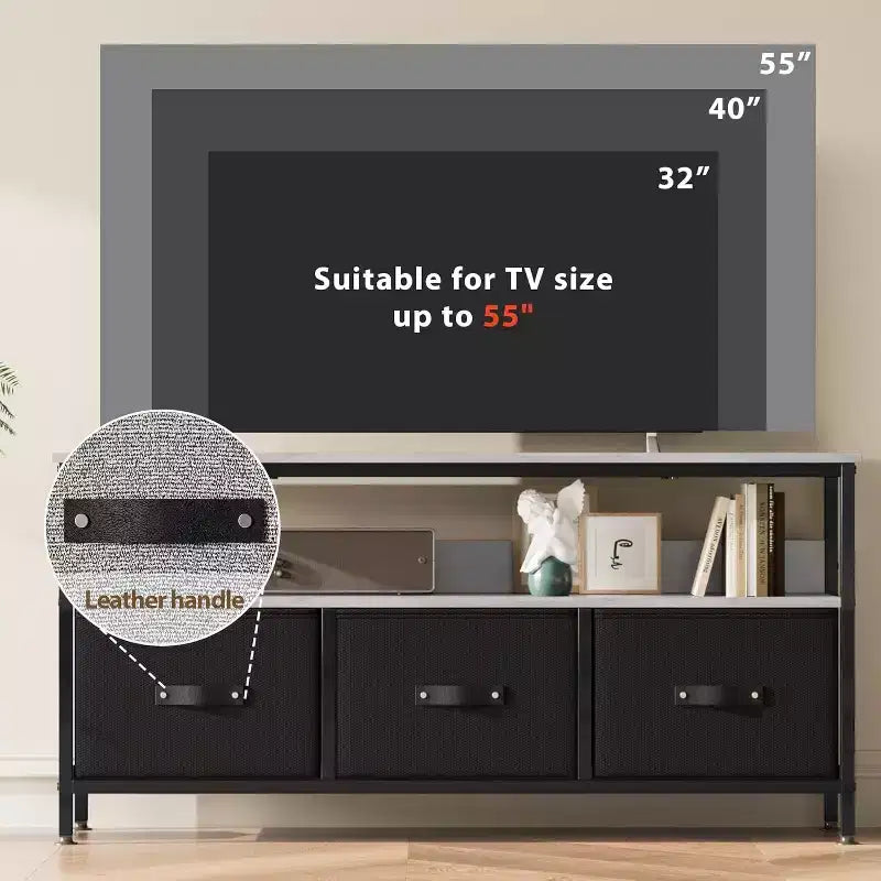55 Black TV Stand with Grey Drawers, Dresser-Style Entertainment Center for Living Room & Bedroom Storage