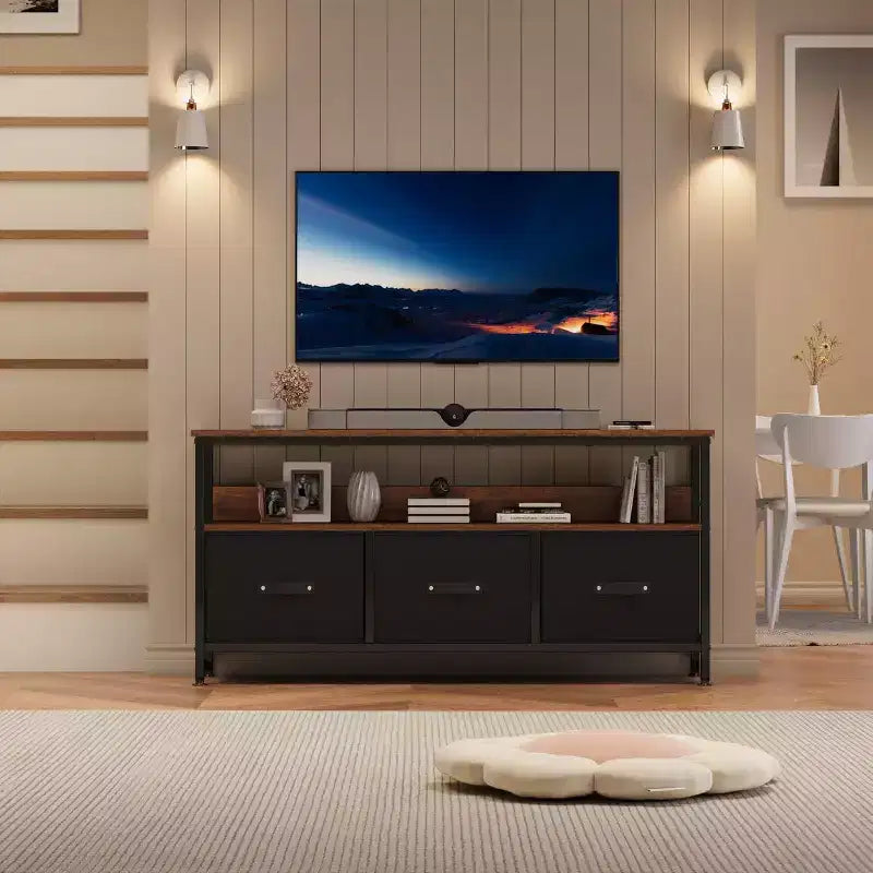 55 Black TV Stand with Grey Drawers, Dresser-Style Entertainment Center for Living Room & Bedroom Storage