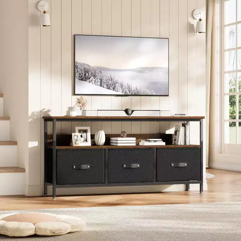 55 Black TV Stand with Grey Drawers, Dresser-Style Entertainment Center for Living Room & Bedroom Storage