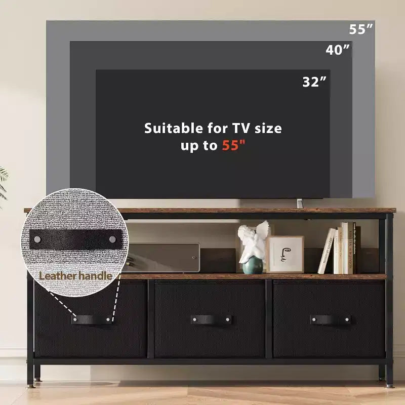 55 Black TV Stand with Grey Drawers, Dresser-Style Entertainment Center for Living Room & Bedroom Storage