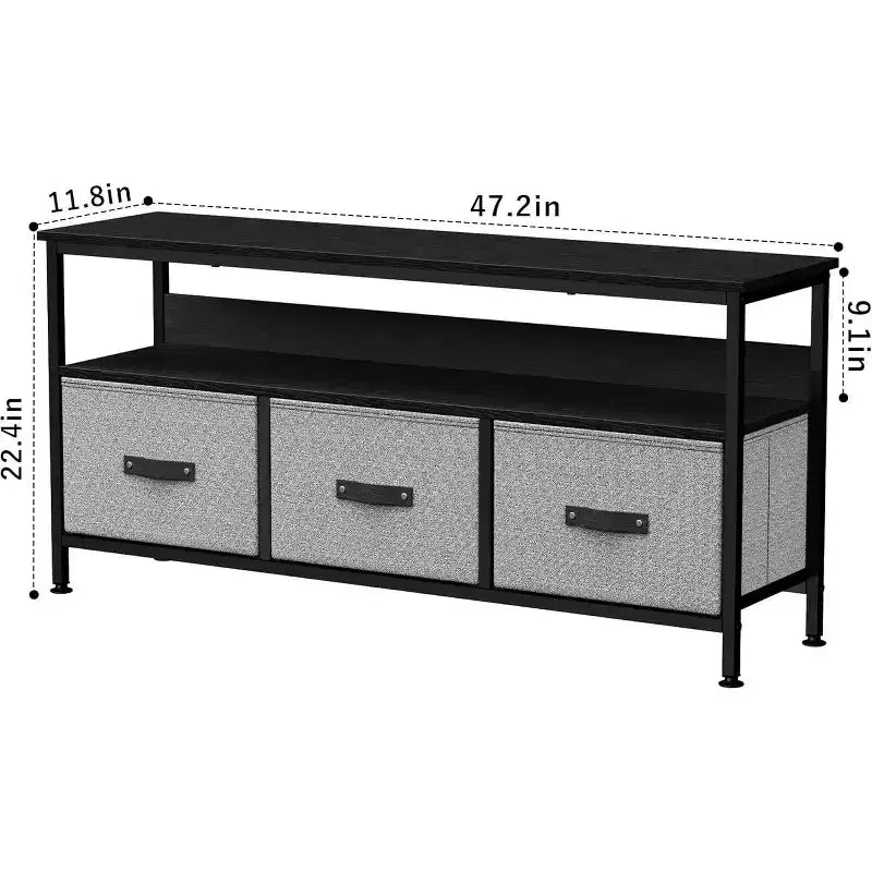 55 Black TV Stand with Grey Drawers, Dresser-Style Entertainment Center for Living Room & Bedroom Storage